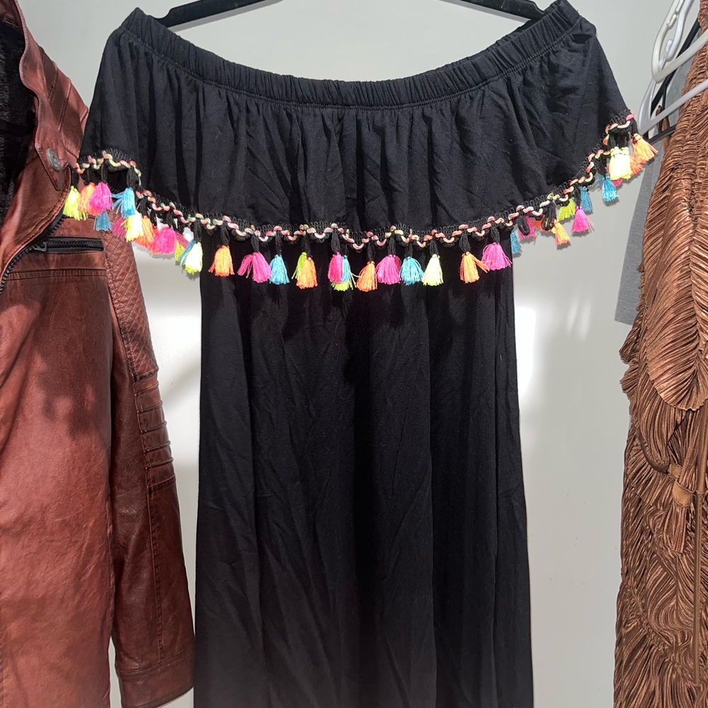Black Off-Shoulder Dress with Colorful Tassels